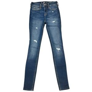 Hollister MidRise Super Skinny Blue Distressed Jeans 00 Concert Boho Streetwear